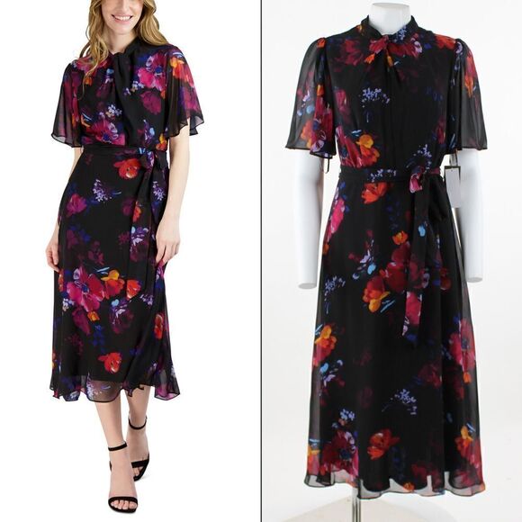 Donna Ricco Womens Floral-Print Belted Fl Black Multi - Picture 1 of 5